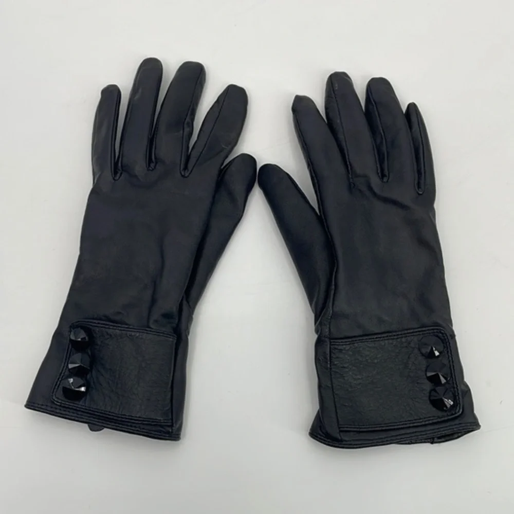 UEC Guess black leather gloves size small rhinestone detail